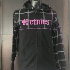 etnies men's black & purple logo printed hoodie